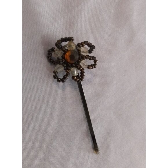 Vintage Beaded Flower Hair Bobby Pin With Crystal Rhinestone & Amber Accents - Picture 1 of 3